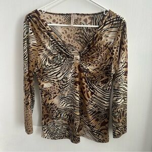 Susan Lawrence Y2K Animal Print Twist Front Rhinestone Top | L